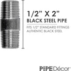 PIPE DÉCOR 1/2” x 2” Malleable Cast Iron Pipe Nipple, Pre Cut Connectors, Industrial Steel Grey Fits Standard Half Inch Black Threaded Pipes Nipples and Fittings, Build Vintage DIY Furniture, 10 Pack