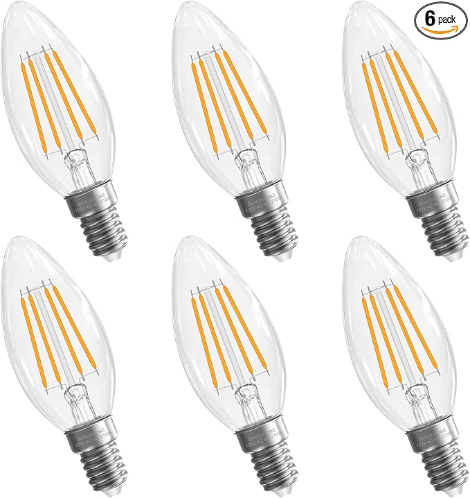 Candelabra Light Bulbs, 6W Equivalent to 60 watt, E12 LED Bulb Non-Dimmable 2700K Soft White, LED Chandelier Bulb, B10 Candle Bulbs, 90+CRI, 600LM, Cear Glass, 6 Pack