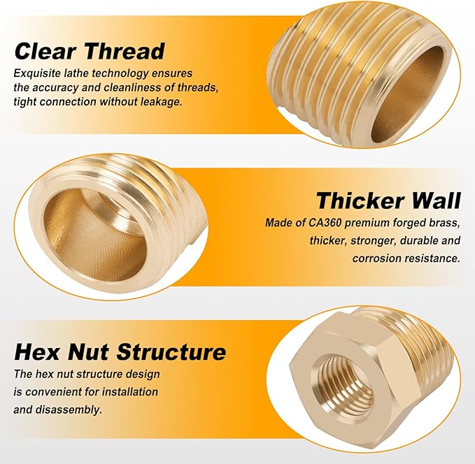 KOOTANS 25PCS Brass Hex Bushing Kit Brass Fittings Assortment 1/4" to 1/8", 3/8" to 1/8", 3/8" to 1/4", 1/2" to 1/4", 1/2" to 3/8" NPT Reducer Pipe Fittings Adapter Fitting