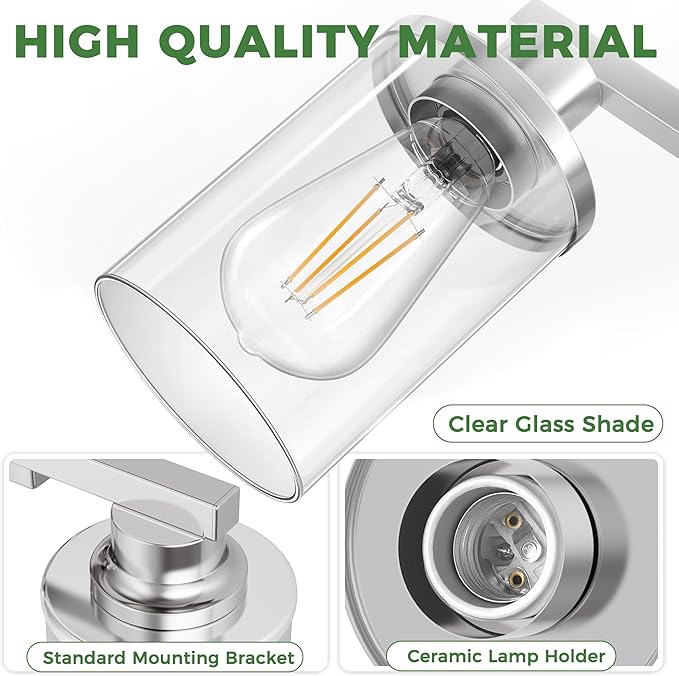 DORESshop 4-Light Vanity Light Fixtures, Chrome Bathroom Light Fixtures Over Mirror with Clear Glass Shade, Modern Vanity Lights for Living Room Bedroom