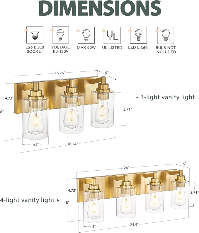 3-Light Bathroom Light Fixtures, Brushed Gold Vanity Light with Cylinder Clear Glass Shade, Modern Vanity Lighting Fixtures Over Mirror, VL143-BG-3