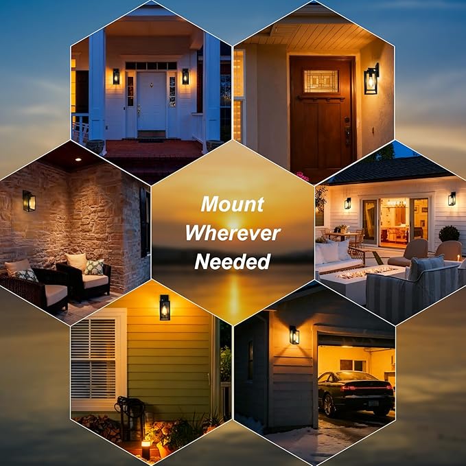 Outdoor Light Fixture, 14IN Matte Black Front Porch Lamps Width Glass Shades, Exterior Waterproof Wall Mount Lantern with E26 Sockets, Outside Lights for House Garage Doorway Patio Entryway