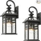 2-Pack Outdoor Wall Lanterns Exterior Waterproof Wall Sconce Light Fixture Black Outdoor Lighting Fixture with Water Ripple Glass Shade Outside Porch Light for Garage Patio and Doorway