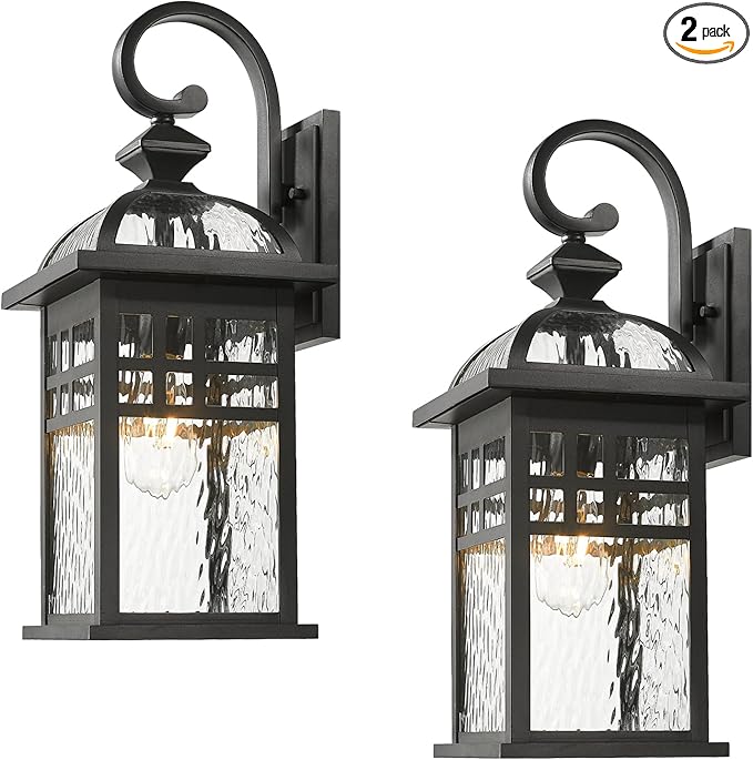 2-Pack Outdoor Wall Lanterns Exterior Waterproof Wall Sconce Light Fixture Black Outdoor Lighting Fixture with Water Ripple Glass Shade Outside Porch Light for Garage Patio and Doorway