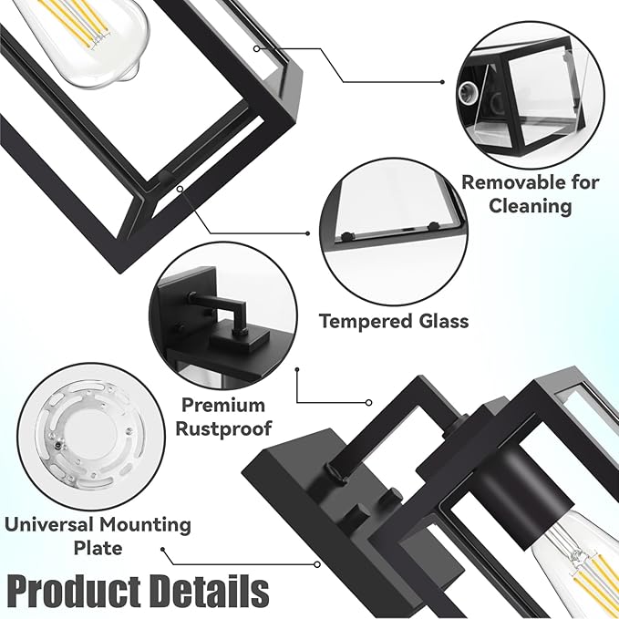 2-Pack Outdoor Wall Light Fixture with Tempered Glass, Exterior Wall Lantern with Easy-to-Clean Design, Waterproof Anti-Rust Wall Sconce for Front Porch, Black, E26 Base