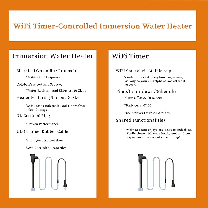 2000W Submersible Hot Tub and Pool Electric Portable Immersion Water Heater with WiFi Timer, and Auto Shut Off for Above Ground Pool, Bathtub, Swimming pool, Inflatable Pool & Baptism pool