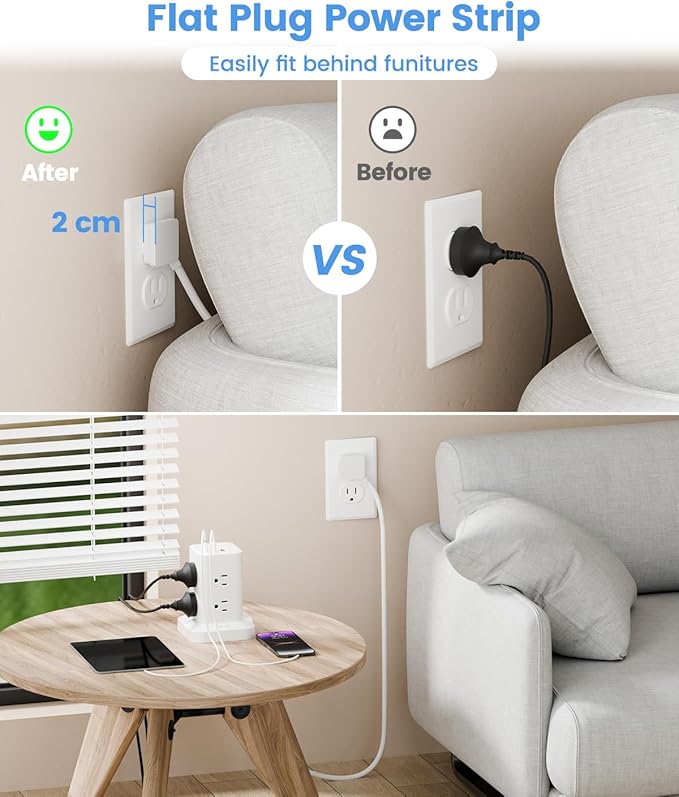 11-in-1 Power Strip Tower with Surge Protector 1800J, Fast Charging Tower PD20W USB-C Ports with 8 AC Outlets, 6ft Extension Cord for Home Office Dorm Room, White