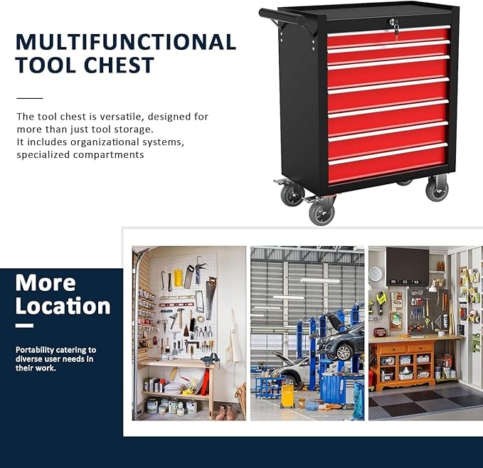 7-Drawer Metal Rolling Tool Chest with Wheels,Tool Storage Cabinet with Locking System，Toolbox with Wheels for Garage, Warehouse, Workshop, Repair Shop (Black&red, 7-Drawer)