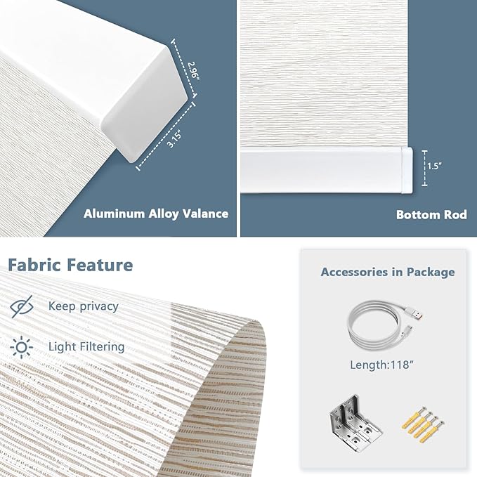 Motorized Blinds with Remote Cordless Automatic Motorized Shades Custom Blinds for Windows Smart Curtains Compatible with Alexa Google Home(Light Filtering Jacquard Beige,W64 x H72in)