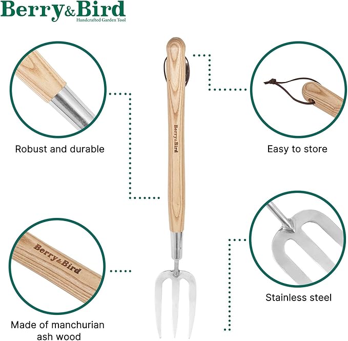 Berry&Bird Gardening Hand Fork, 22.6 Inches Long Handled Stainless Steel Weed Fork, Traditional Garden Hand Fork Tool with Ergonomic Ash Wood Handle for Weeding, Digging, Planting and Cultivating