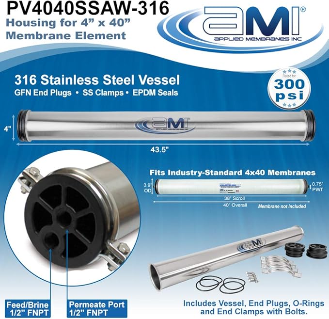 APPLIED MEMBRANES, INC. 4x40 Commercial RO Membrane Housing | Stainless Steel RO Pressure Vessel for 4" x 40" RO, UF, NF, MF Membrane Element | 300 PSI | End Clamp Style | PV4040SSAW-316