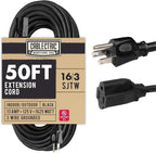 50 Foot Outdoor Extension Cord - 16/3 SJTW Black 16 Gauge Electrical Cable with 3 Prong Grounded Plug