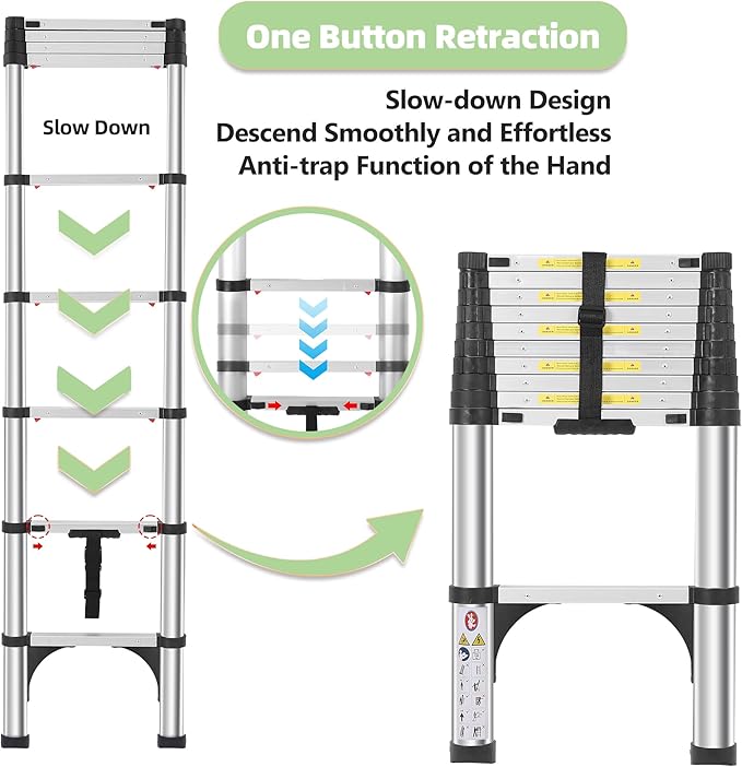 Telescoping Ladders 10.5 FT Aluminum Ladder - One-Button Retraction Collapsible Extension Ladder for Home,RV,Attic & Loft, Lasts 330 LBS with 2 Triangle Stabilizers and 2 Detachable Hooks