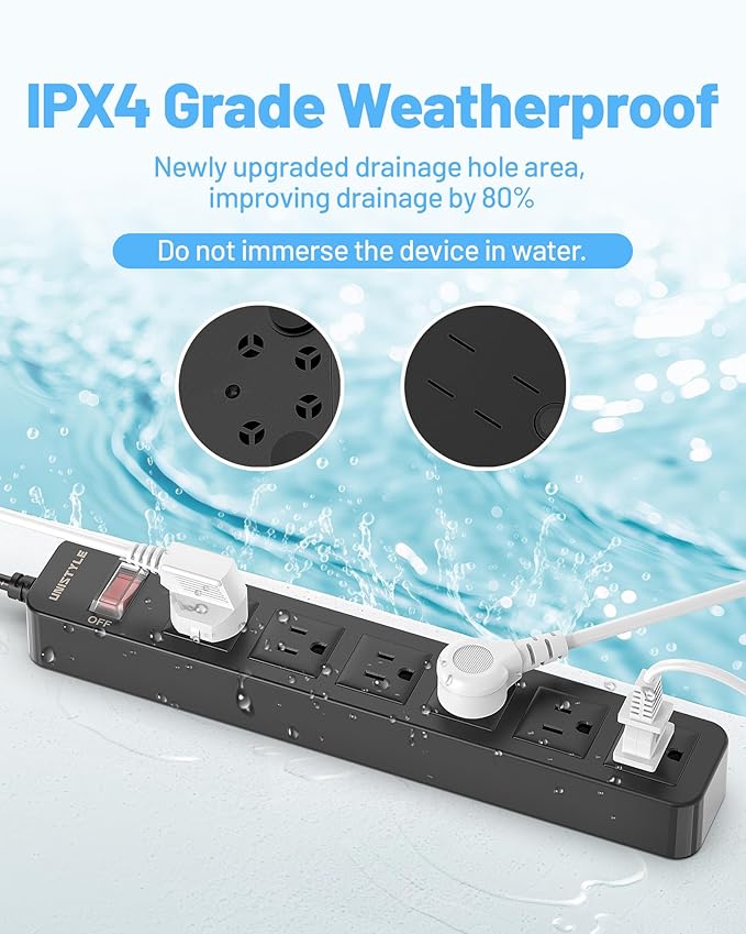 65 FT Outdoor Power Strip Weatherproof with Surge Protector - 6 AC Outlets, Unistyle 1700 J Lightning Protection, IPX4 Waterproof Extension Cord for Christmas Lights, Camping & Pool Parties Black