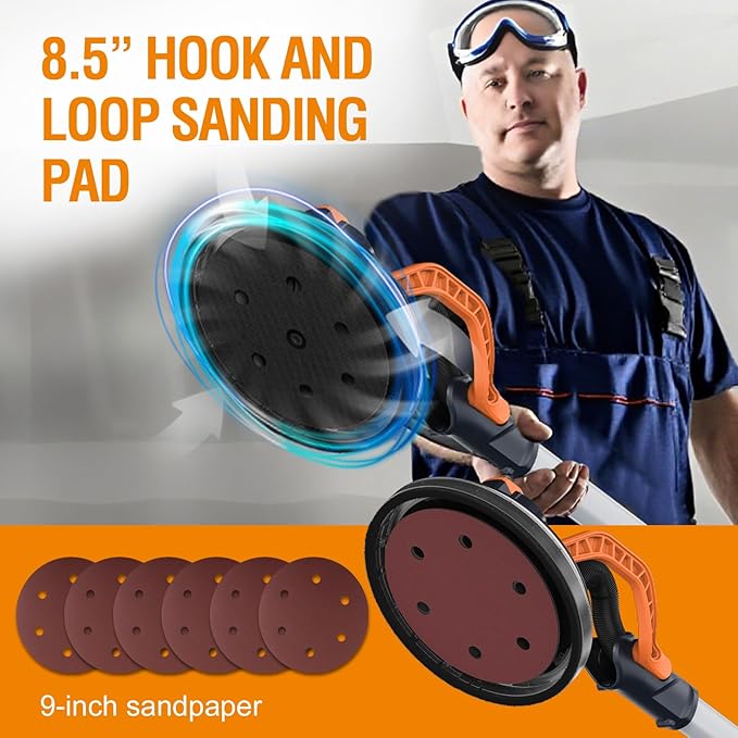 MAXXT Brushless Random Orbital Drywall Sander, 550W Powerful Constant Speed Electric Drywall Sander, 6 Variable Speed 600-1200RPM Foldable Sander Tool, With Memory Variable Speed, 360° Led Light