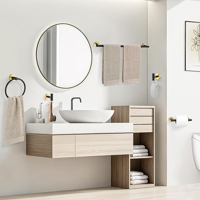 TURS Black and Gold 5 Piece Bathroom Hardware Set, SUS304 Stainless Steel Gold Black Towel Bar Set, 24 Inch Rould Bathroom Accessories Kit Wall Mounted