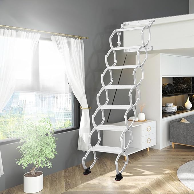 7 Steps Wall Mounted Attic Ladder, Indoor Attic Stairs Pull Down System, Metal Telescoping Step Ladders, Anti-slip Retractable Folding Stair, Loft Extension Steps Staircase for Garage (white, 7 Steps)