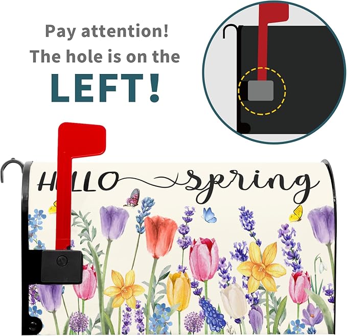 Hello Spring Mailbox Covers Tulip Lavender Butterfly Spring Decorative Mailbox Covers Magnetic Standard Size 25.5x21 In Rustic Waterproof Mailbox Wraps Post Letter Box Covers Garden Yard Outdoor Decor