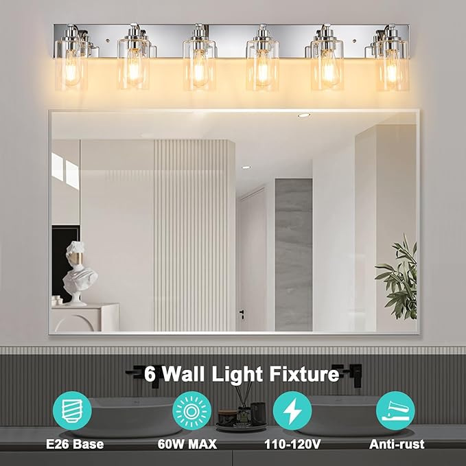 6-Light Bathroom Light Fixtures Modern Chrome Vanity Lights for Bathroom Lighting Fixtures Over Mirror with Clear Glass Shade for Cabinet Mirror Bedroom Hallway