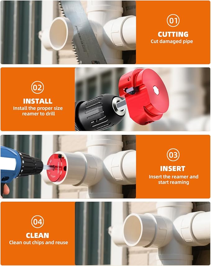 6 Pieces PVC Pipe Fitting Reamer Kit, Plastic Pipe Reamer Tool with 3/4", 1", 1-1/2", 2", 3", 4", PVC Fitting Saver for SCH40, ABS, CPVC Pipe, Fit into Standard 1/2" Drills