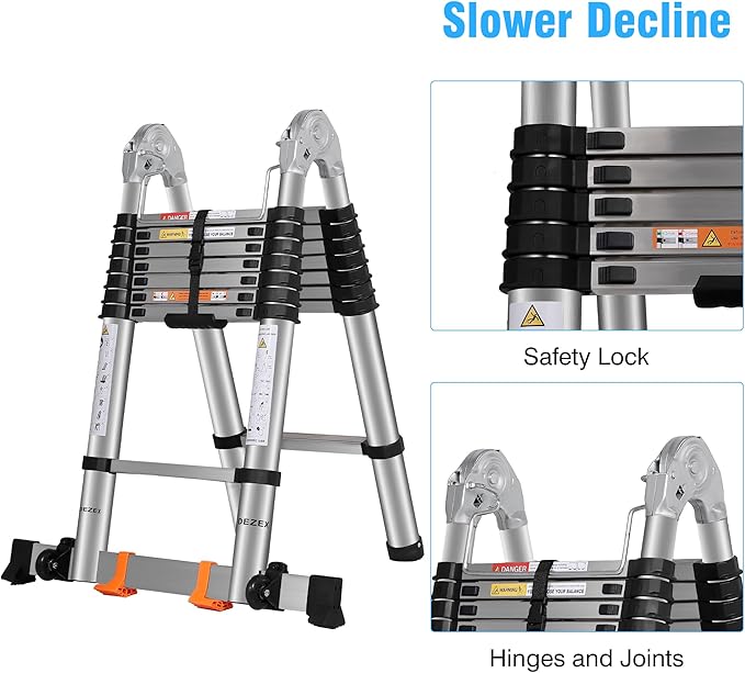 Telescoping Ladders 16.5FT A Frame Stainless Steel Extension Ladder,Heavy Duty Lasts for 375LBS,with Balance Bar and Movable Wheel,Multi-Purpose Collapsible Ladder for Outdoor Indoor