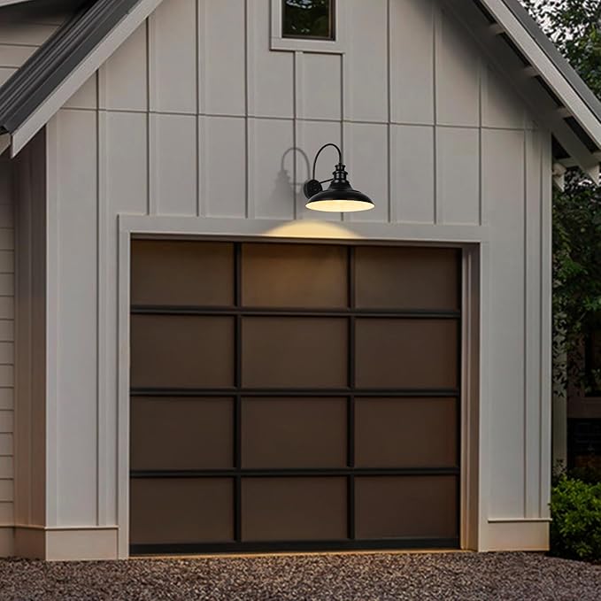 Dusk to Dawn Sensor Outdoor Barn Light Fixtures, 12.3 Inch Dome Farmhouse Outdoor Wall Sconces, Gooseneck Exterior Wall Mount Lights, Industrial Black White Wall Lanterns for Porch, DDRZ004-4 BK+WH