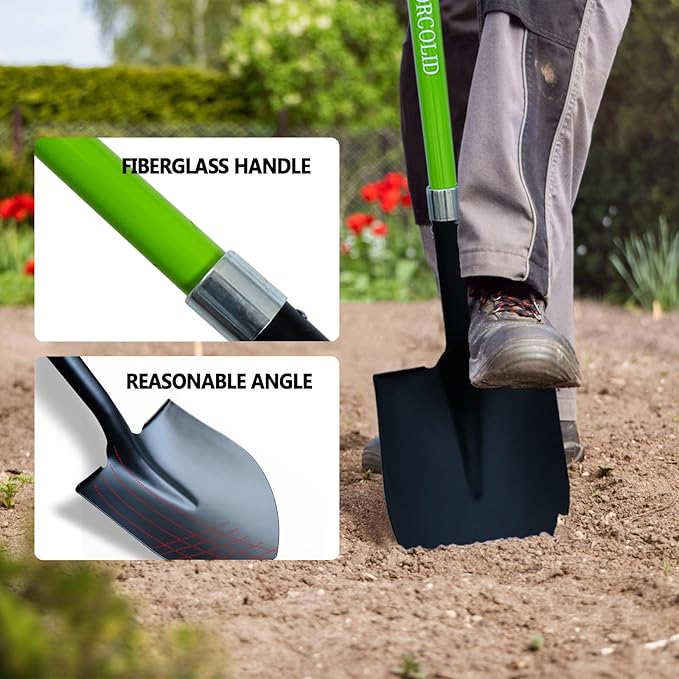 Shovel for Digging, Heavy Duty Gardening Shovel 57 Inch Straight Handle Round Blade with Non-Slip Tail Cover, Lawn and Yard Tools, Fiberglass Handle(Green)
