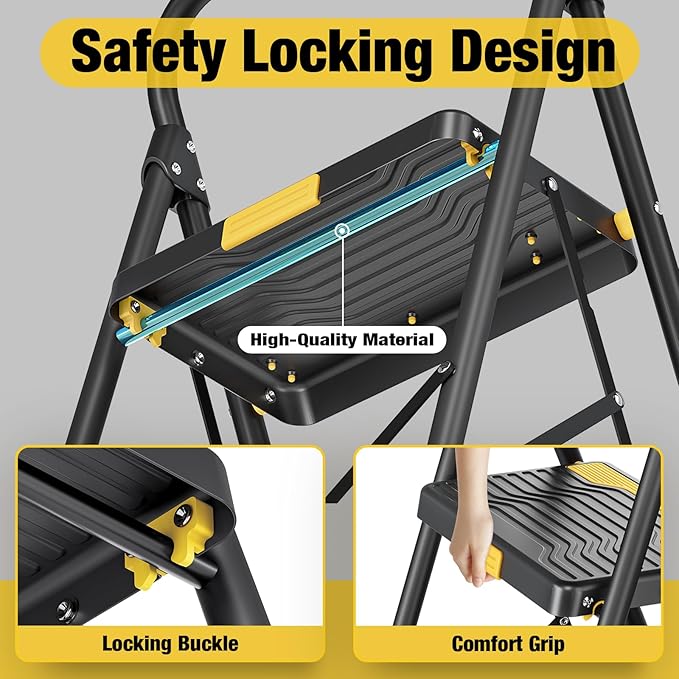 3 Step Ladder, Heavy-Duty 800lb Capacity, Wide Anti-Slip Steps & Secure Handrail Compact, Folding Step Stool Portable Design for Home, Kitchen, Office, Pantry, Closet Use, Black