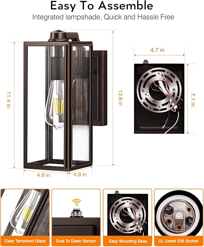 VIANIS Dusk to Dawn Outdoor Light Fixtures Wall Mount, Sensor Porch Lights, Anti-Rust Exterior Wall Sconce Lighting Lamp, Waterproof Coach Lantern for Doorway, Garage