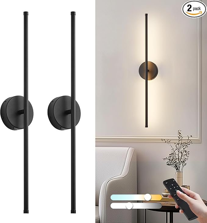 Removable Battery Operated Wall Sconces with Remote Control 350°Rotate LED Wireless Wall Lights with 3 Color Temperatures & Dimming for Bedroom, Hallway,28.3 Inch (2 Pack)