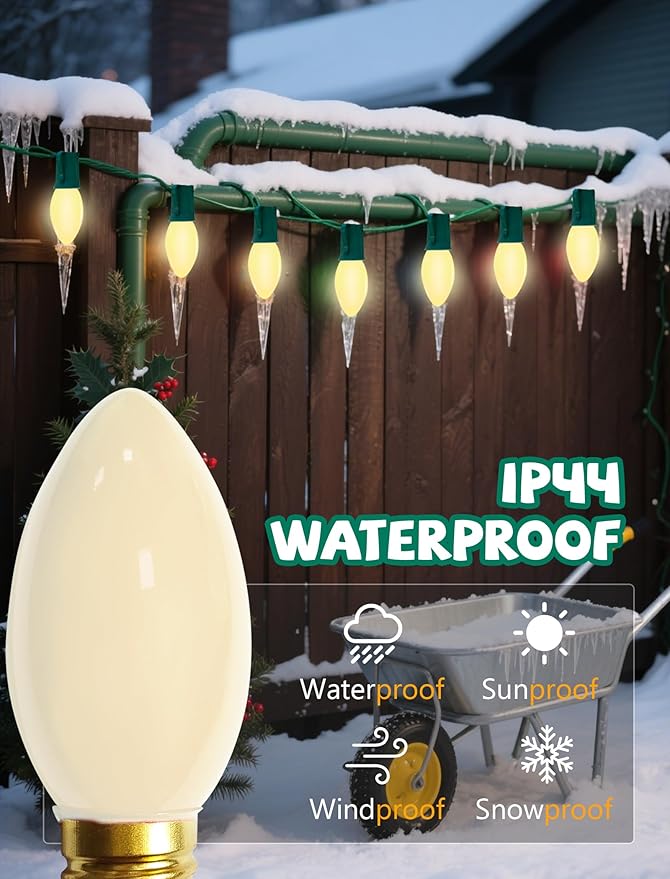 C9 White Christmas Light Bulbs, 25 Pack C9 Incandescent Replacement Bulbs for Christmas String Light, Candle Lamps, E17 Intermediate Base, 7Watt Night Lights Bulbs