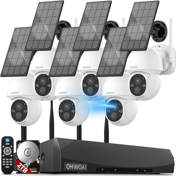 《 2-Way Audio & 100% Solar Powered》Outdoor Wireless PTZ Camera System, 4MP Solar Powered Battery Cameras,Home Video Surveillance