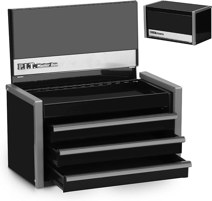 P.I.T. Mini Black Tool Box, Portable 3 Drawer Steel Stackable Tool Box with Magnetic Tab Locking, Black Micro Top Chest with Liner for Tools Storage and Organizers, Home DIY