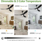 60 Inch Black Ceiling Fans with Lights and Dimmable Mordern, Outdoor Ceiling Fan with Lights High CFM Quiet 3 Blades Propeller Wood Ceiling Fan for Patio,Porch,Farmhouse,Gazebo