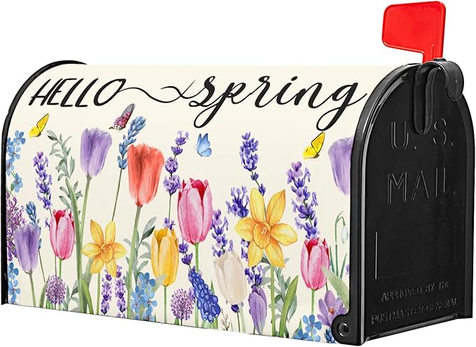 Hello Spring Mailbox Covers Tulip Lavender Butterfly Spring Decorative Mailbox Covers Magnetic Standard Size 25.5x21 In Rustic Waterproof Mailbox Wraps Post Letter Box Covers Garden Yard Outdoor Decor
