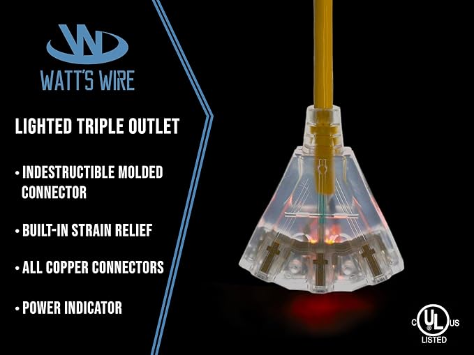 Outdoor Extension Cord Waterproof (2 ft) 12 Gauge Heavy Duty Extension Cord Splitter - Lighted Outdoor Extension Cords with Multiple Outlets - Watts Wire - 2' Grounded - extensiones electricas