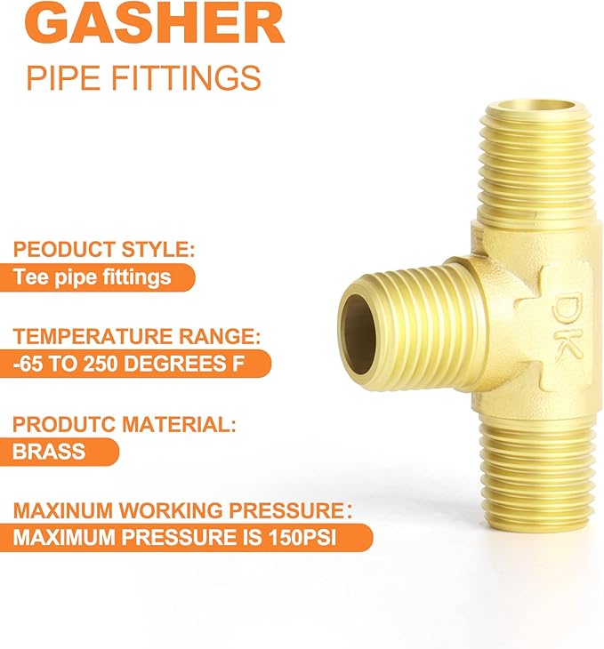 GASHER 5PCS Brass 3 Way, 1/4" x 1/4" x 1/4" NPT Male Tee Pipe Fittings