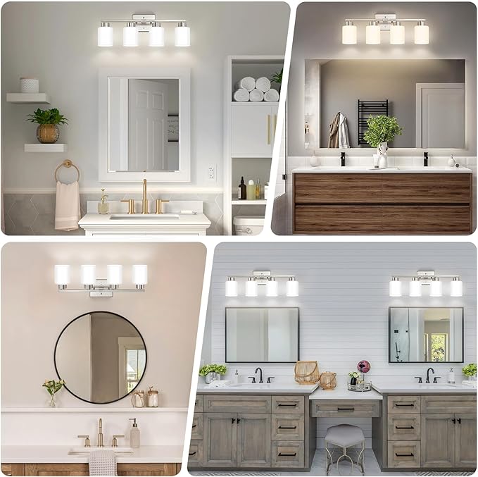 Brushed Nickel Bathroom Light Fixtures, 4-Light Modern Vanity Light Over Mirror, Wall Sconces with Milky White Frosted Glass Shades, E26 Socket (Bulbs Not Included)