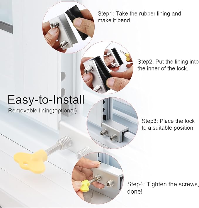 Window Locks, 4 Sets Sliding Security Window Lock with Key for Vertical & Horizontal Sliding Windows & Sliding Doors, Adjustable Window Locks Security Window Stoppers for Patio Bedroom Home and Office