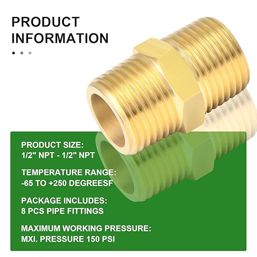 TAISHER 8PCS Brass Pipe Fitting, Reducer Adapter, Hex Nipple, 1/2-Inch Male Pipe x 1/2-Inch Male Pipe
