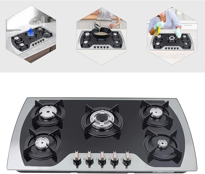 5 Burner Built-in Stainless Steel Gas Stove Top,30 Inch Gas Cooktop LPG/NG Gas Cooktop with 5 Adjustable Hob Burners for Commercial Household