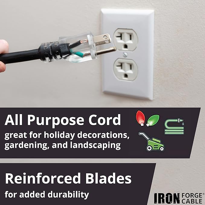 Iron Forge Cable 12 Gauge Extension Cord with Multiple Outlets - Black Heavy Duty Extension Cord 100 ft - 12/3 SJTOW, 3 Prong Lighted Outlet Cords