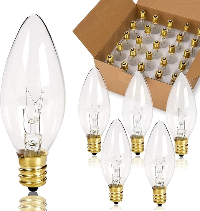 25 Pack Clear Torpedo Tip Replacement Bulbs, 7 Watt C26 Incandescent Bulbs for Electric Candle Lamps, Window Candles, Chandeliers, E12 Candelabra Base Light Bulbs