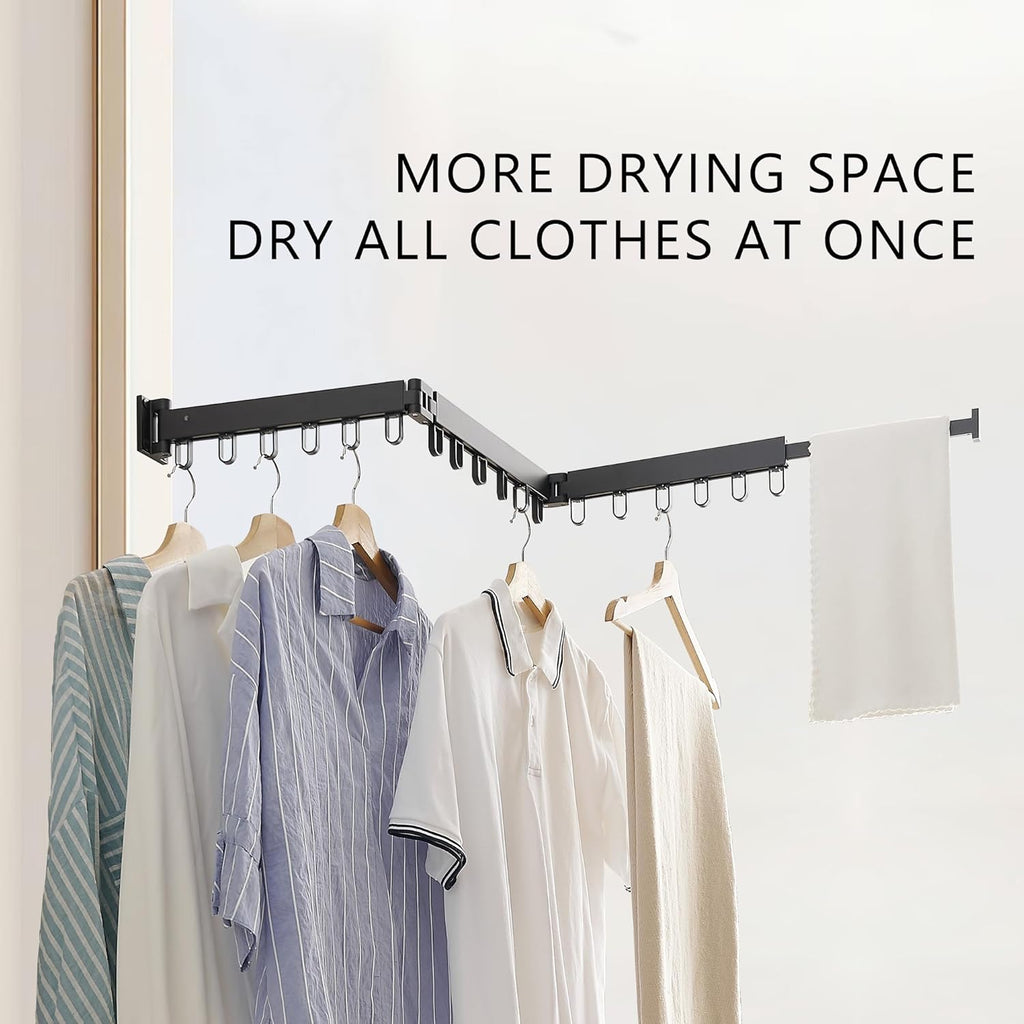 Clothes Drying Rack Wall Mounted, Laundry Drying Rack Collapsible, Space Saving Wall Drying Rack Clothing Foldable, Tri-Fold Retractable Rack Outdoor Indoor with 18 Hooks(Black，Loop-Shape Hooks)