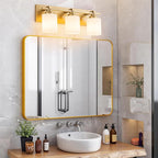 3 Light Modern Bathroom Light Fixtures Over Mirror, Brass Finish Vanity Lights for Bathroom Wall Sconces with Milky White Glass Shades, E26 Socket (Bulbs Not Included)