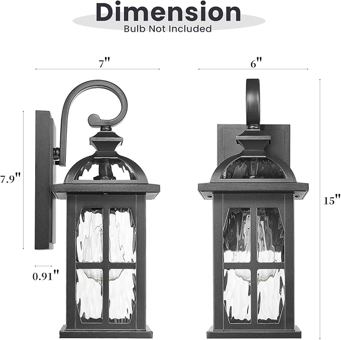 Outdoor Wall Laterns 15 Inch Height Outdoor Wall Light Fixtures Die-Cast Aluminum and Water Ripple Glass Black Finish Anti-Rust Outside Sconce Porch Lights for House Garage Doorway