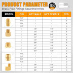 68PCS Brass Pipe Fittings Assortment Kit NPT Adapter,Hex Nipple,Reducer Bushing,Hex Coupling,90 Degree Barstock Street Elbow Fittings Kits