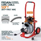 Albott 50 FT x 3/8 inch Electric Drain Cleaner Machine with Auto-Feed & 10 Cutters, Sewer Snake Auger for 1–4 Inch Pipes, Foot Switch & Wheels, Ideal for Home & Commercial Use, Gray/Red