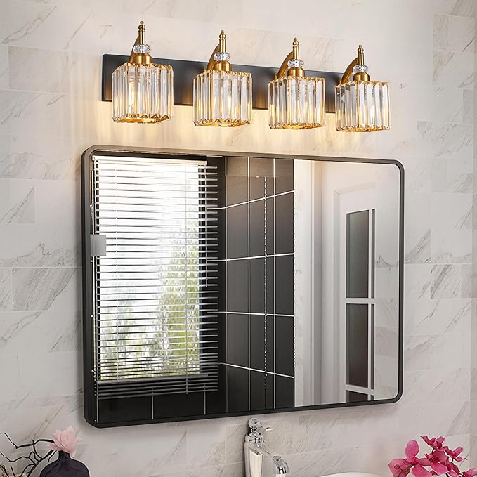 Crystal Vanity Lights - Black Gold 4 Light Bathroom Vanity Light Fixtures Over Mirror Modern Vanity Light