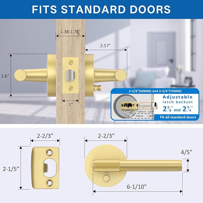 Amerdeco 3 Pack Brushed Gold Door Handles Interior, Knurled Privacy Door Handles with Lock,Gold Door Lever for Bedroom or Bathroom,Reversible Keyless for Left Right Handed Doors AM0027